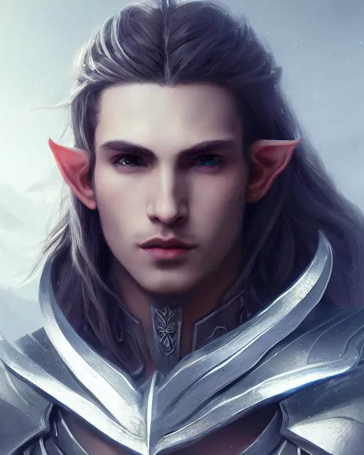 Image similar to portrait, beautiful male elf, long hair, elegant, super detailed, light black armor with silver accenting, silver very ornate jewelry, cape, 8 k, cinematic, backlight, octane render, moonlight, snow, clouds, artstation, greg rutkowski, rossdraws, william bouguereau, sharp focus