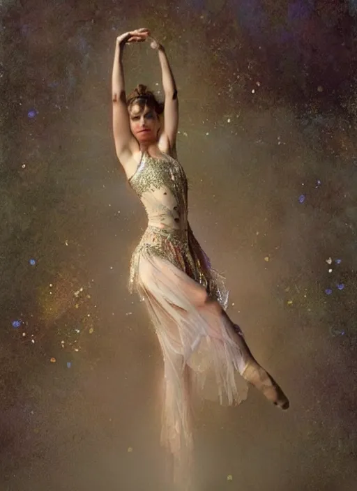 Prompt: a beautifull intricate dot painting of a dancing ballerina, reflexions, verry high details by william turner art, greg rutkowski and alphonse mucha, trending on artstation, very very detailed, masterpiece, muted colors