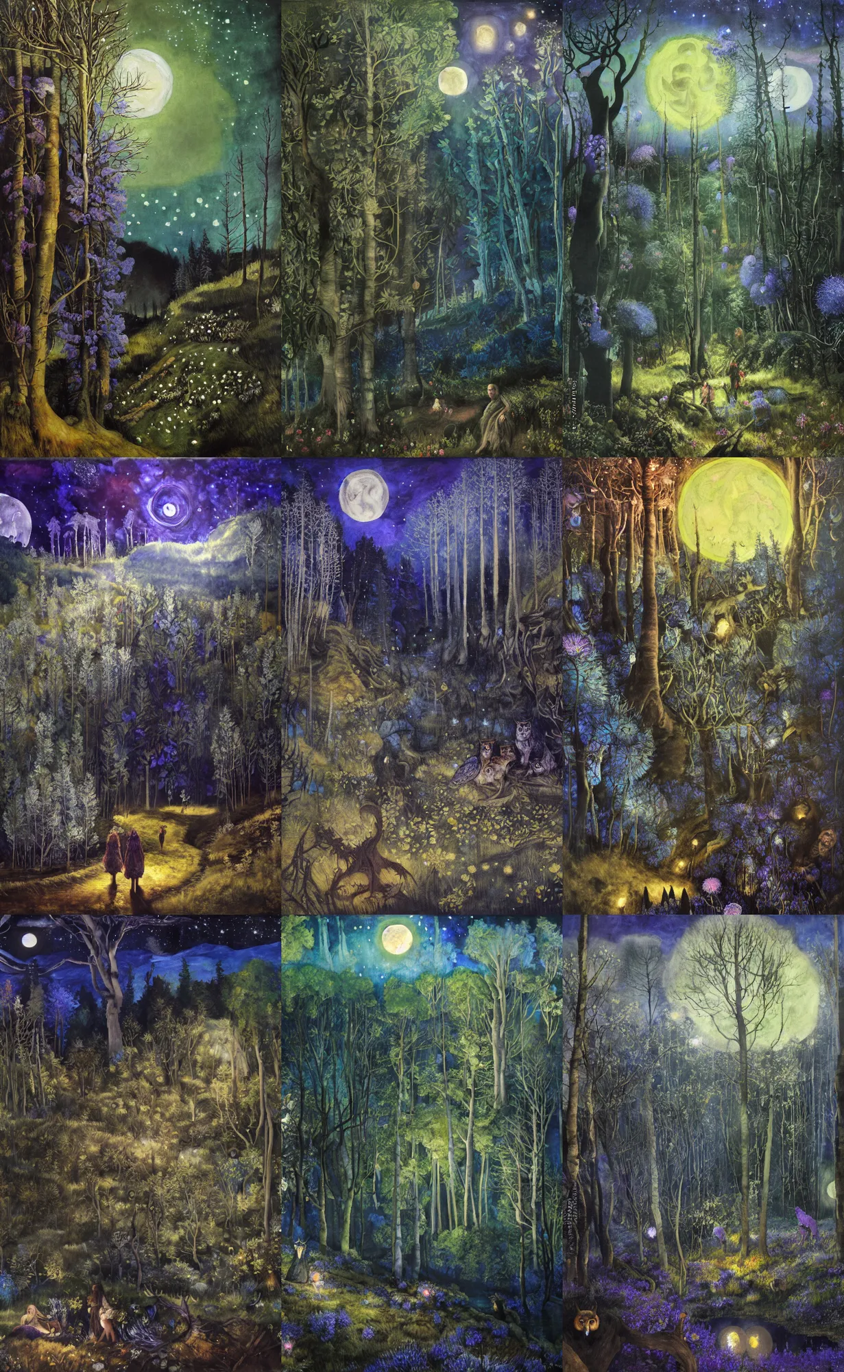 Prompt: painterly dreamy dark midnight hill in the forest with trees, flowers, glowing owls, deers, women, lianas, thistles, fantasy creatures, a stream and sky with moon and stars by Mikhail Vrubel, dark fantasy, witcher, very detailed oil painting in the alla prima style, masterpiece, 8k