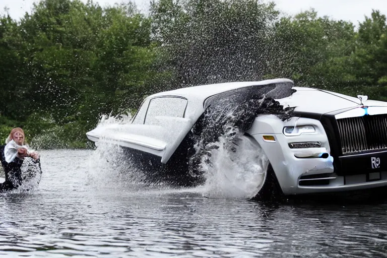 Image similar to Teenagers push Rolls-Royce into lake with their hands from a small slide wanting to drown him