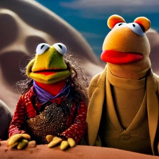 Prompt: The muppets in Dune (2021) dynamic action battle, highly textured, hyperrealism, god rays, award winning, gritty
