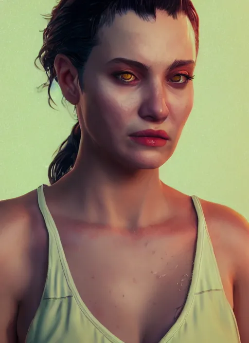 Image similar to glowwave portrait of michele from gta 5, au naturel, hyper detailed, digital art, trending in artstation, cinematic lighting, studio quality, smooth render, unreal engine 5 rendered, octane rendered, art style by klimt and nixeu and ian sprigger and wlop and krenz cushart.