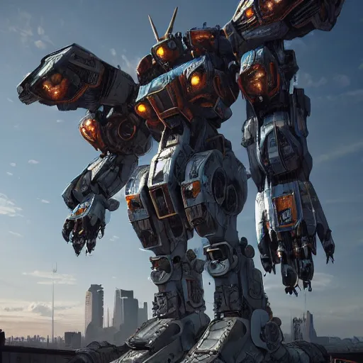 Image similar to a beautiful hyperrealistic ultradetailed 3D render of a gigantic mecha standing behinder the city, by brian sum and stephen martiniere and Antonio Manzanedo. mech, dragon, unreal engine, octane render, PBR, 3D, brilliantly colored, intricate, wide angle, volumetric lighting, polished, path tracing