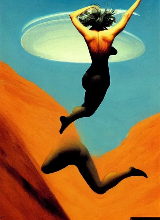 Image similar to woman jumping over a black hole by Edward Hopper and James Gilleard, Zdzislaw Beksinski highly detailed