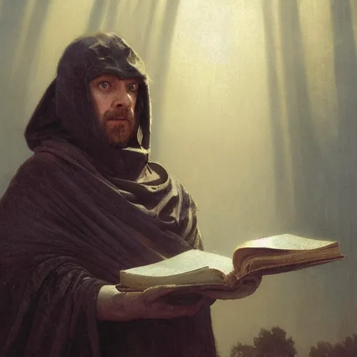 Prompt: half portait of wizzard wearing a closed cowl and big old book! chained to the wrist, jeremy mann, jean - leon gerome, tiepolo, alphonse mucha, greg rutkowski, face in the shadows, ( ( ruins of ancient rome ) ), at dusk, mysterious atmosphere, sunrays, dof, high detailed, 8 k