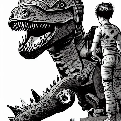 Prompt: intricate detailed full-page comic book cover illustration of a cyborg punk street kid with a pet dinosaur, no speech bubbles, cyberpunk