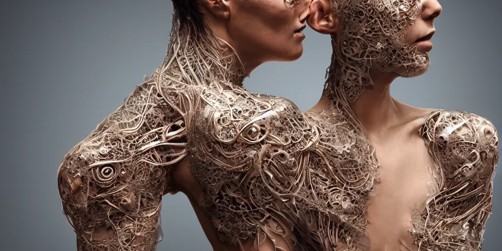 Image similar to realistic photography of a beautiful cyborg androgynous humanoid, shoulder, holding close, in liquid, intricate filigree, in the style of beth cavener, jin kagetsu, wlop, highly detailed, symmetry, masterpiece, concept art, ringflash, highkey lighting, ambient lighting, octane render, 8 k, artstation