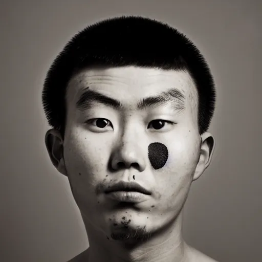 Prompt: beautiful tragic young chinese man with gutterpunk poke and stick face tattoos at dusk, black & white, richard avedon, 5 0 mm, grainy, low light