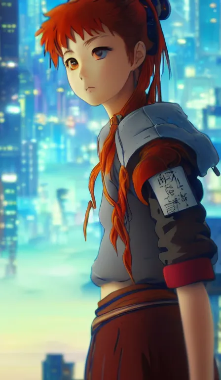 Image similar to anime fine details portrait of Aloy in front of cyberpunk moder city landscape on the background deep bokeh, close-up view, anime masterpiece by Studio Ghibli. 8k, sharp high quality anime, artstation