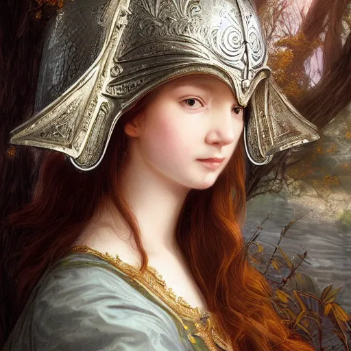 Image similar to A masterpiece ultrarealistic ultradetailed portrait of a Incredibly beautiful princess with Royal Tevton Knight Full Iron Helmet. baroque renaissance girl in the forest. medium shot, intricate, elegant, highly detailed. trending on artstation, digital art, by Stanley Artgerm Lau, WLOP, Rossdraws, James Jean, Andrei Riabovitchev, Marc Simonetti, Yoshitaka Amano. background by James Jean and Gustav Klimt, light by Julie Bell, 4k, porcelain skin.