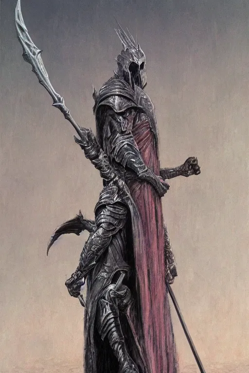 Prompt: Nicolas Cage as distorted god knight in dark robe with a giant reaper scythe, dark fantasy, intricate, highly detailed, smooth, artstation, painted by Wayne Barlowe, zdislav beksinski, Francis Bacon