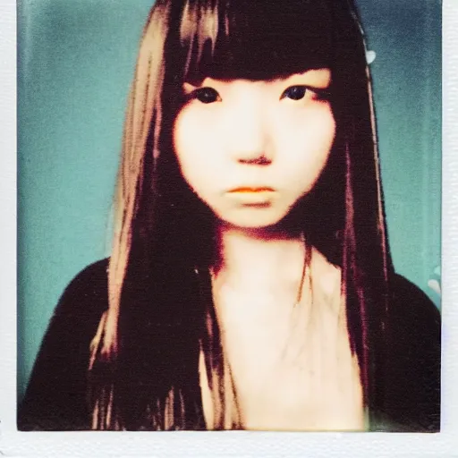 Image similar to aesthetic full - body polaroid photograph of emo japanese girl, long hair and fringe