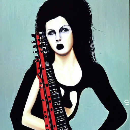Prompt: Goth girl playing electric guitar by Mario Testino, oil painting by Guillermo Lorca