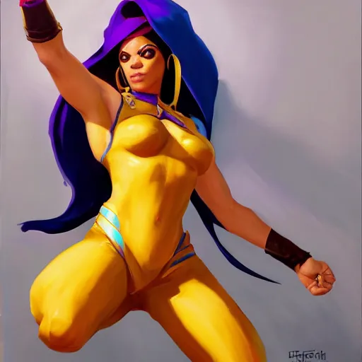 Image similar to greg manchess portrait painting of menat from street fighter as overwatch character, medium shot, asymmetrical, profile picture, organic painting, sunny day, matte painting, bold shapes, hard edges, street art, trending on artstation, by huang guangjian and gil elvgren and greg rutkowski