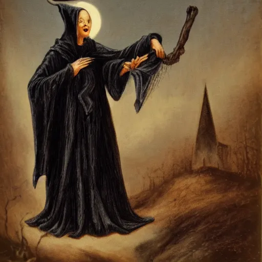 Image similar to a witch wearing a dark hooded cloak