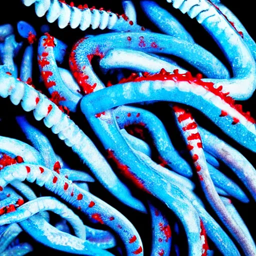 Image similar to cold blue flesh in storage being guarded by red tentacles under fluorescent light, nightmare, horror,