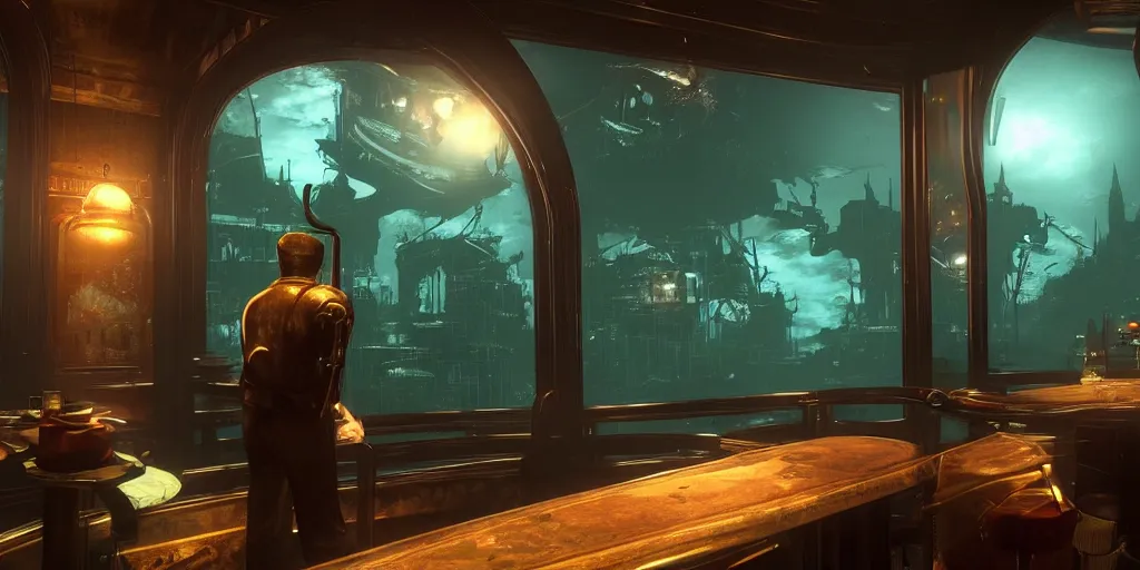 Image similar to In the world of rapture from the world of bioshock you are in a bar, there is a window that lets you see the whole city underwater and you are drinking a rum and coke