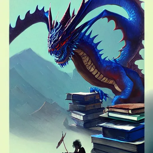 Image similar to blue dragon sitting on a hoard of books, fantasy, dnd, art by greg rutkowski