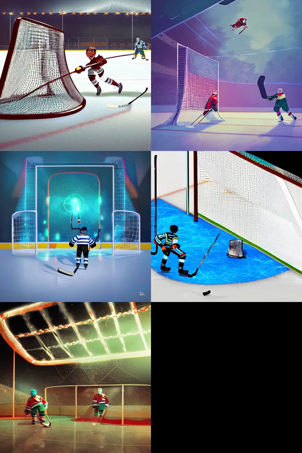 Prompt: Puck flies into the net, hockey goal, dynamic composition, bright arena lights on the background, digital art by Beeple