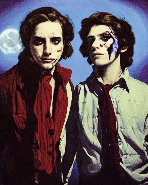 Image similar to two beautiful but sinister young men wearing oxford shirts in layers of fear, with haunted eyes and wild hair, 1 9 7 0 s, seventies, wallpaper, a lot of blood, moonlight showing injuries, delicate embellishments, painterly, offset printing technique, by brom, robert henri, walter popp