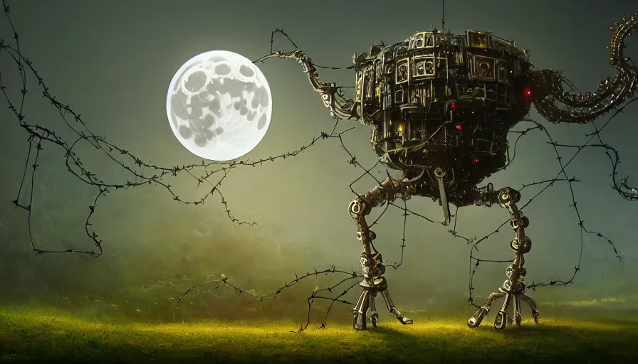 Prompt: a walking mechanical castle with legs, vines, forest, hyperrealistic, highly detailed, cinematic, single ray of moon, dark sky, beautiful, cgssociety, artstation, 8 k, oil painting