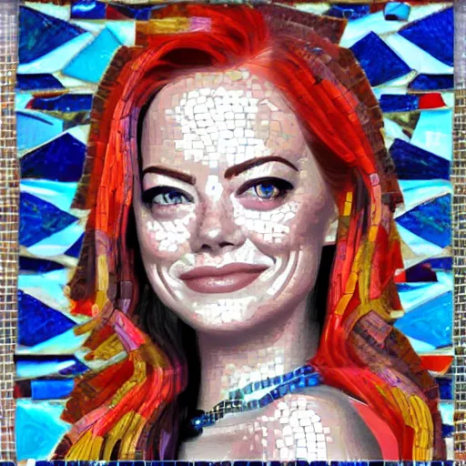 Image similar to detailed colorful'emma stone'in zeugma mosaic, artstation, many small and colorful stones, extreme detail, red hair