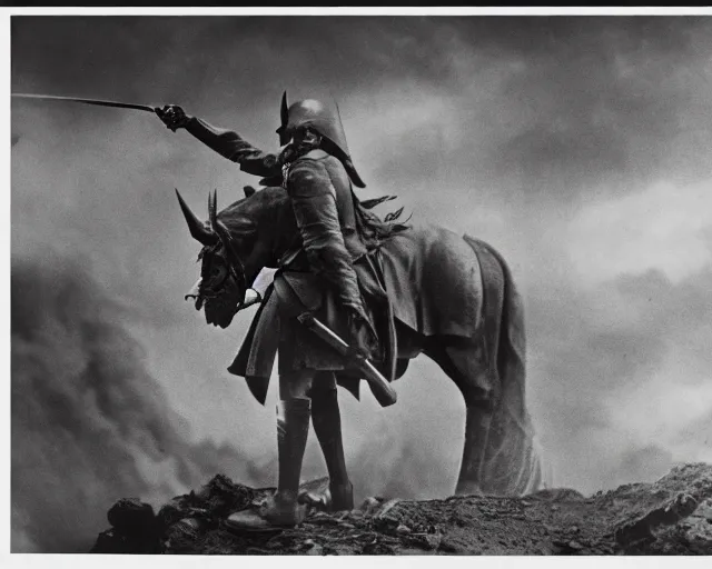 Image similar to vintage photograph of sauron from lord of the rings fighting in ww 1