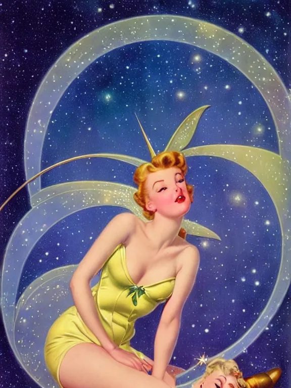 Image similar to kiernan shipman as tinkerbell glowing, a beautiful art nouveau portrait by Gil elvgren and Hajime Sorayama, moonlit starry sky environment, centered composition, defined features, golden ratio, golden glow