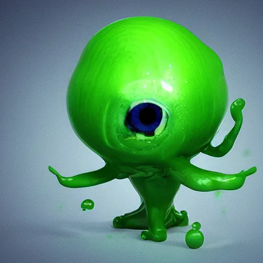 Image similar to 3 d octane render of a transparent chibi green slimeball character with eyes