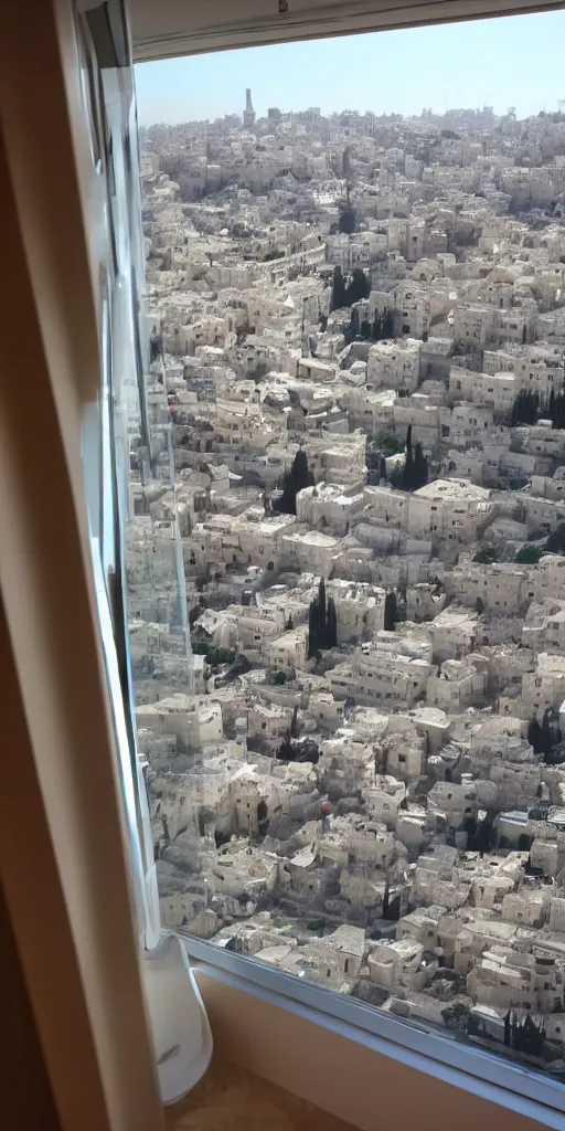 Prompt: first person view waking up in futuristic apartment in futuristic jerusalem