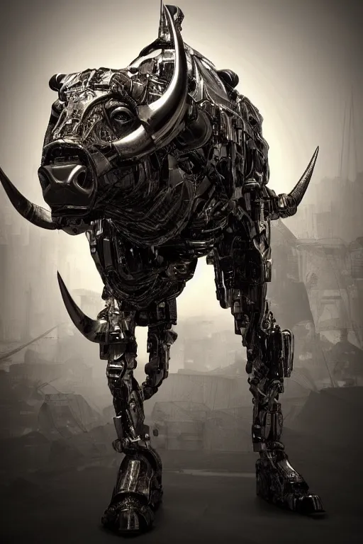 Image similar to a full body shot of a cyborg ( bull ) modeled after a bull looking into the camera, android, cyborg, full body shot, intricate, 3 d, hyper realism, fantasy, depth of field, octane render, symmetrical, highly detailed, digital art, artstation, concept art, cinematic lighting, trending