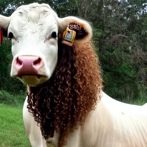 Image similar to a beautiful cow with long blond curly hair on his head