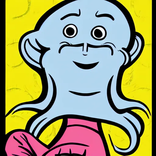 Image similar to handsome squidward as man, big smile, strong chin, handsome, pop art style