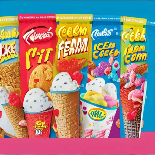 Image similar to the front of a kids cereal box for 'ice cream' cereal, featuring a levitating ice cream cone filled with pieces of cereal that resemble little ice cream cones