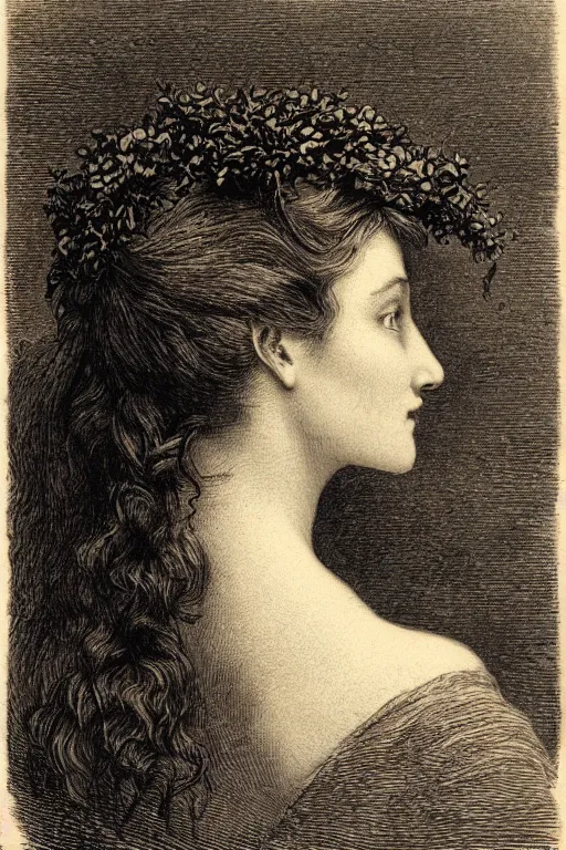 Image similar to extreme close-up, portrait of a beautiful french woman from behind with a wreath, Gustave Dore lithography