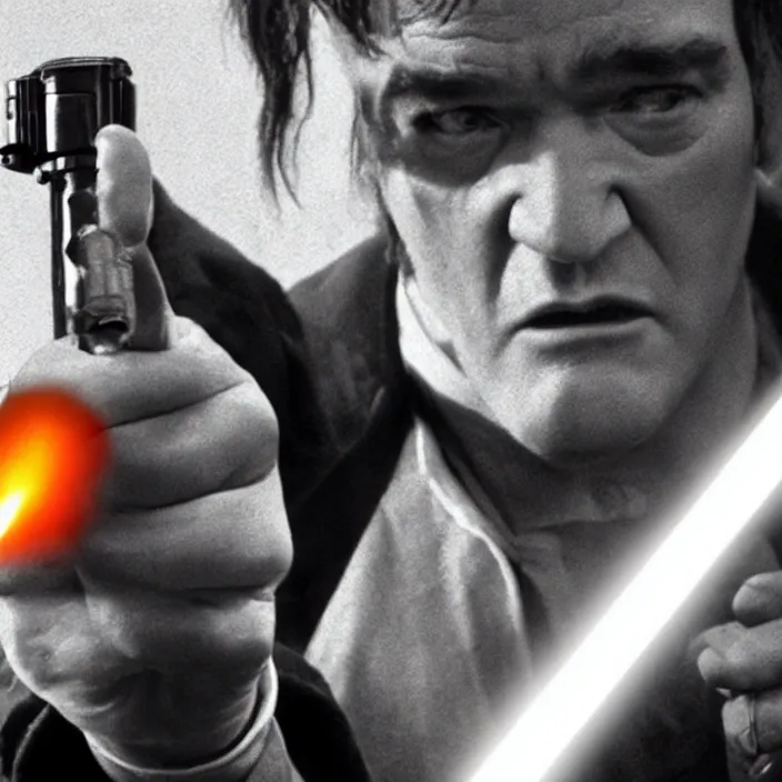 Prompt: quentin tarantino giving upvote with a lightsaber, giving thumbs up. without characters. black background. cinematic trailer format.