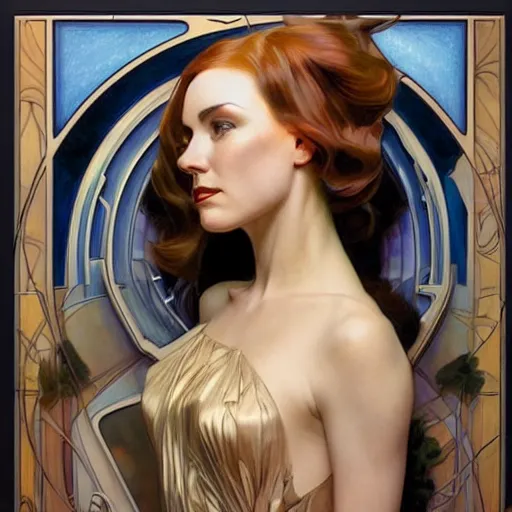 Image similar to a streamline moderne painting in the style of donato giancola, and in the style of charlie bowater, and in the style of alphonse mucha. symmetry, smooth, sharp focus, semi - realism, intricate detail.