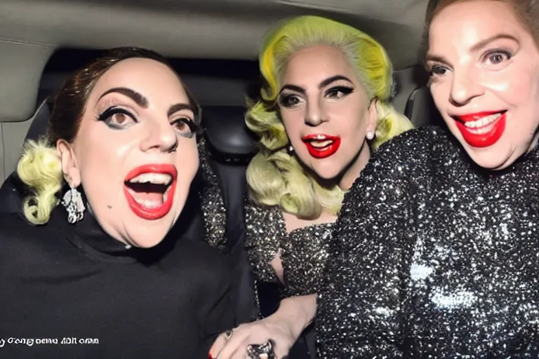 Image similar to lady gaga and judy garland doing carpool karaoke, lady gaga and judy garland, carpool karaoke, lady gaga, judy garland, carpool karaoke, youtube video screenshot, the late late show with james corden