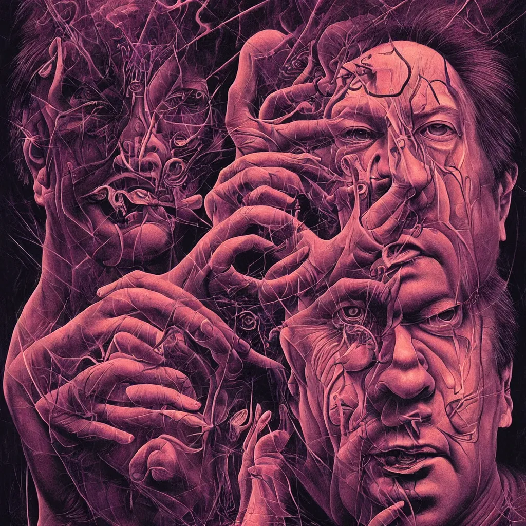 Image similar to psychedelic portrait of bill hicks smoking in the style of hans giger, alex grey, lynchian atmosphere, film noir, concept art, art by kuvshinov ilya and zdislav beksinski and wayne barlowe, vivid colors