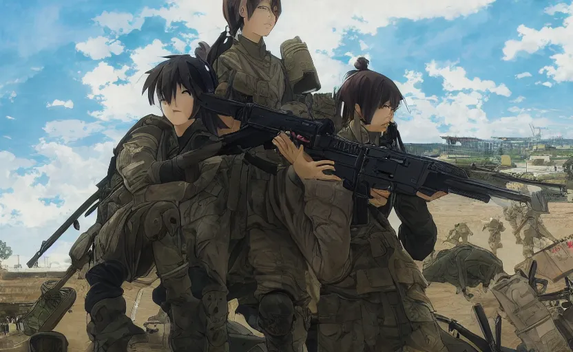 Image similar to anime style, modern warfare, panoramic view of girl under heavy fire, trench and sandbags in background, soldier clothing, hair down, symmetrical facial features, from arknights, wallpaper, trending pixiv, safebooru, volumetric modelling, think in 3 d, by alphonse mucha, greg rutkowski, sharp focus, backlit