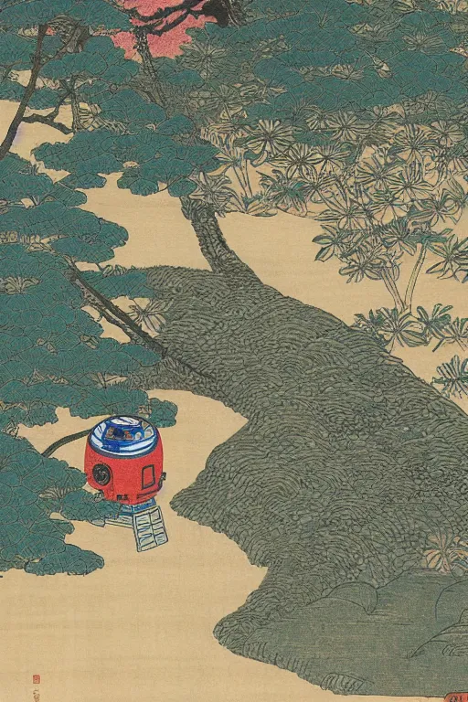 Prompt: Japanese woodblock print of r2d2 in a japanese garden, hokusai