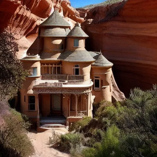 Image similar to a large, victorian mansion covered in sand in a canyon. surreal, dream like.