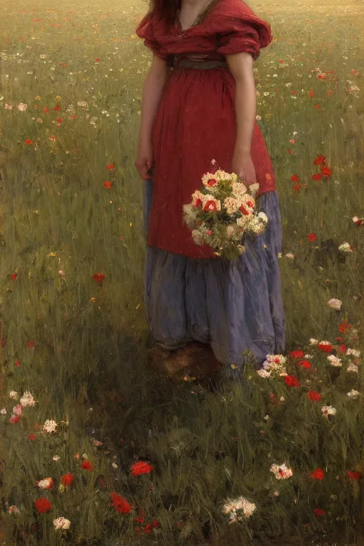 Prompt: Solomon Joseph Solomon and Richard Schmid and Jeremy Lipking victorian genre painting portrait painting of a plain young village girl in an open field of flowers, red background