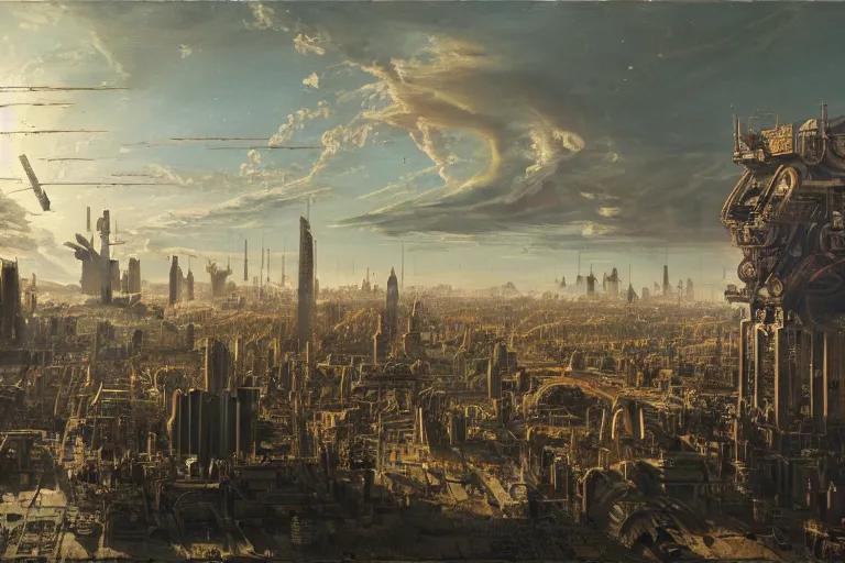 Image similar to a vast planetary sci-fi city by Ansel Adams and Bernardo Bellotto, oil on canvas, artstation, dramatic scenery, masterpiece, aesthetic