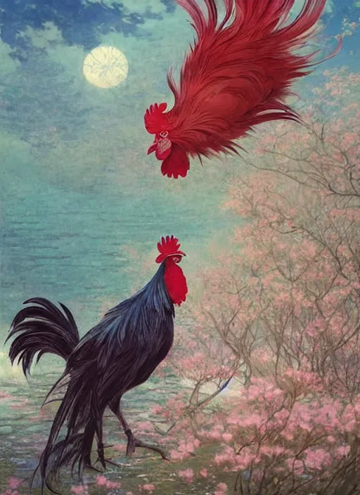 Image similar to a gorgeous paradise rooster japanese art is looking at a bird, ethereal, horror, fantasy art by greg rutkowski and magali villeneuve and claude monet