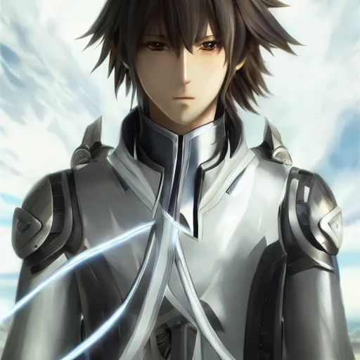 Image similar to male protagonist of xenoblade chronicles, anime style, hair down, symmetrical facial features, from arknights, futuristic clothes, hyper realistic, pale skin, 4 k, rule of thirds, extreme detail, detailed drawing, trending artstation, hd, scifi, d & d, realistic lighting, by alphonse mucha, greg rutkowski, sharp focus, backlit