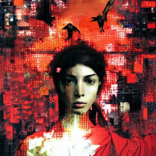 Prompt: a nostalgic latina in red monk habit is being rasterized into pixels, she is surrounded by digital birds, the background is an infinite virtual world, oil on canvas by yoji shinkawa, esao andrews, dave mckean and stina persson