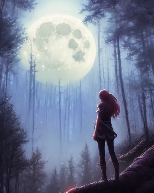 Image similar to girl looks at the space, d & d, fantasy, mist, full moon in background, trees, hyper detailed, art by artgerm and greg rutkowski and magali villeneuve, midium shot, 8 k realistic, cryengine, digital painting, trending on artstation, concept art, sharp focus, illustration,