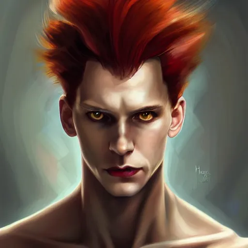 Prompt: portrait of hisoka morow hunter hunter, male, small eyes very thin pursed lips extremely sharp jaw yellow eyes narrow almond eyes sultry eyes dark red hair soft hair slicked back crimson hair anime, elegant, highly detailed, digital painting, artstation sharp focus, tom hiddleston art by artgerm and greg rutkowski and alphonse mucha