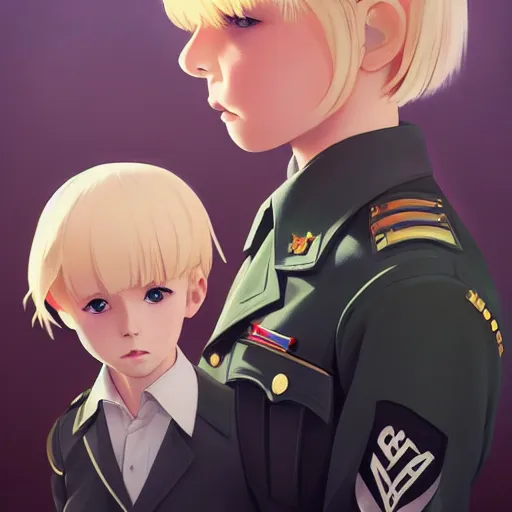 Prompt: portrait of blonde little boy wearing nazi uniform by ilya kuvshinov and anna dittmann and studio ghibli and wlop and rossdraws, digital art, trending on artstation, anime arts, featured on pixiv, red lighting, hd, 8 k, highly detailed, good lighting, beautiful, epic, masterpiece, nazi chiq